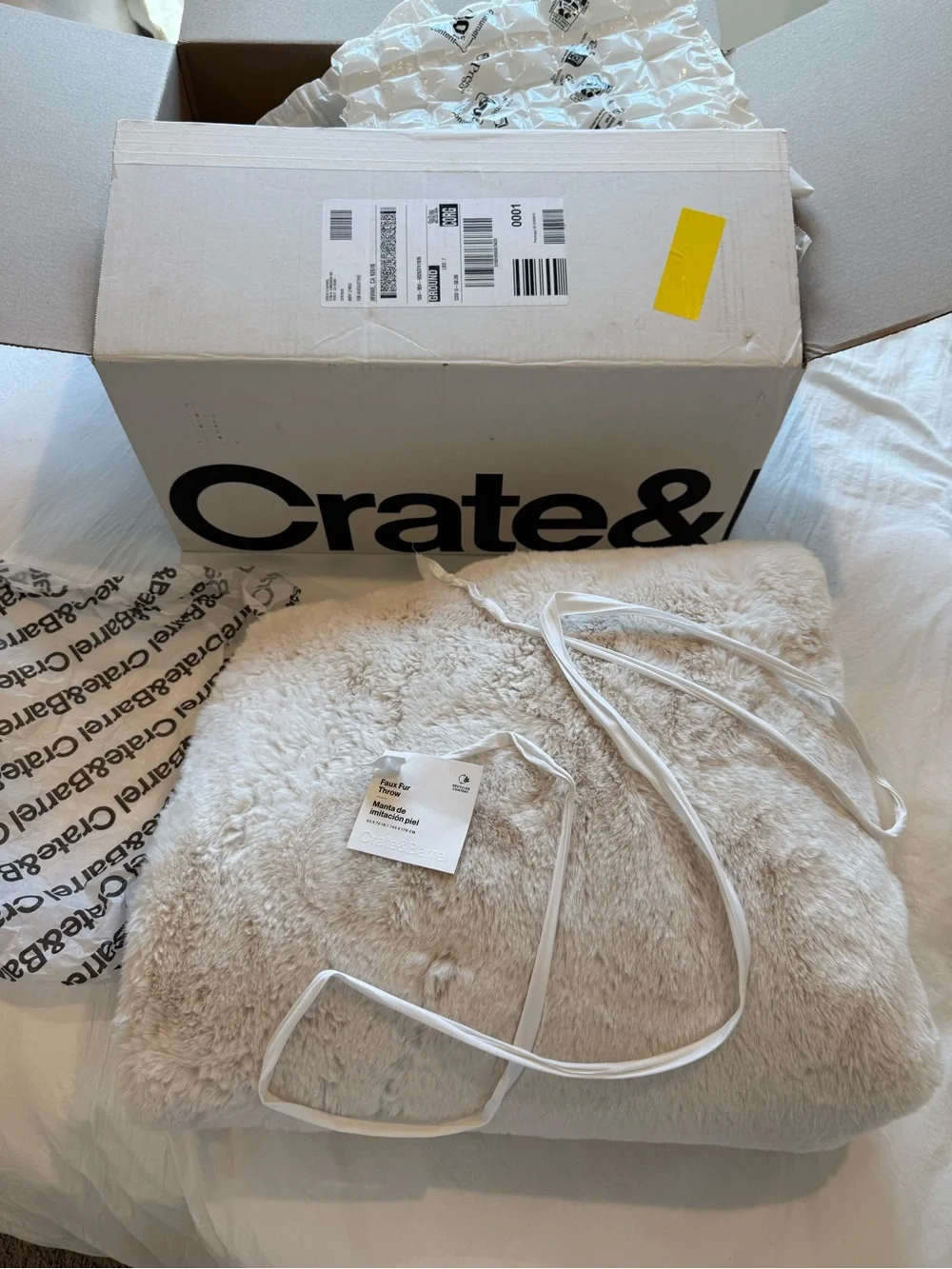 Crate&Barrel Faux Fur Throw in Travertine Beige